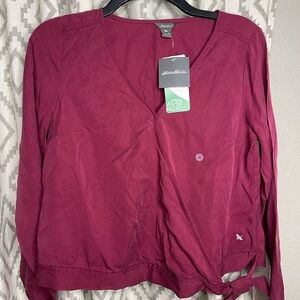 NWT Eddie Bauer Ruby Red Tranquil Tie Wrap Long Sleeve Tencel Top Small